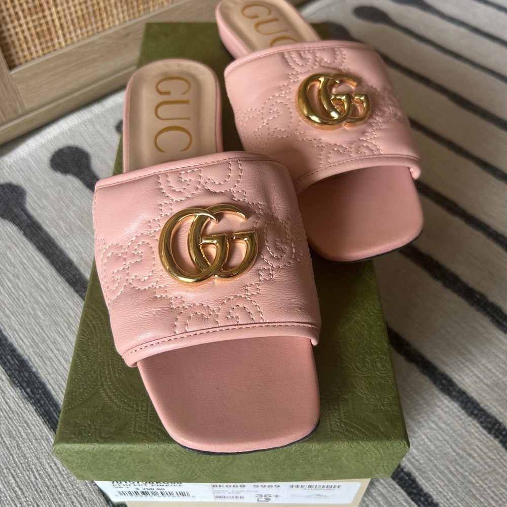 GUCCI Nappa Matelasse GG Marmont Charlotte Slide Sandals in Perfect Pink
